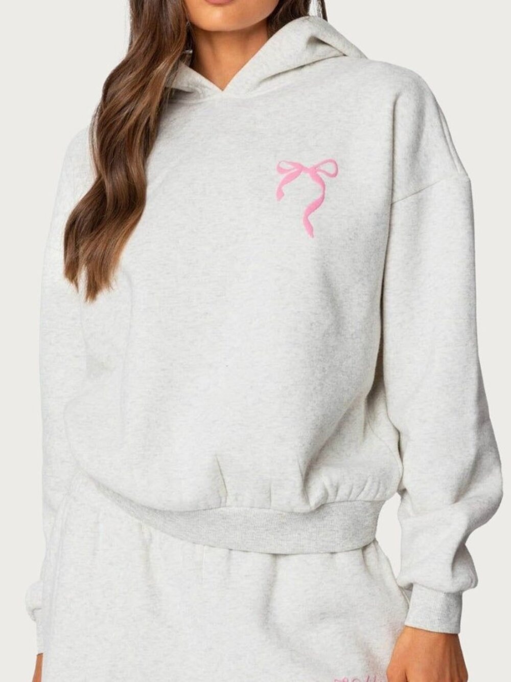 Edikted Gray Pink Bow Graphic Cropped Hoodie S